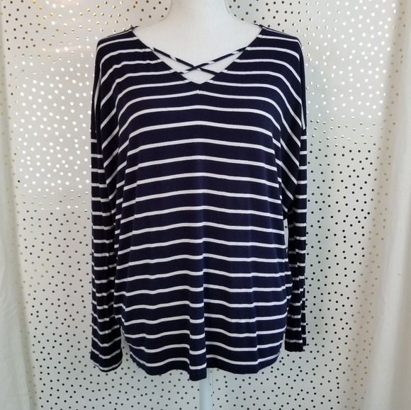 Francesca's Alya Striped Criss Cross Neck Top - Picture 1 of 6
